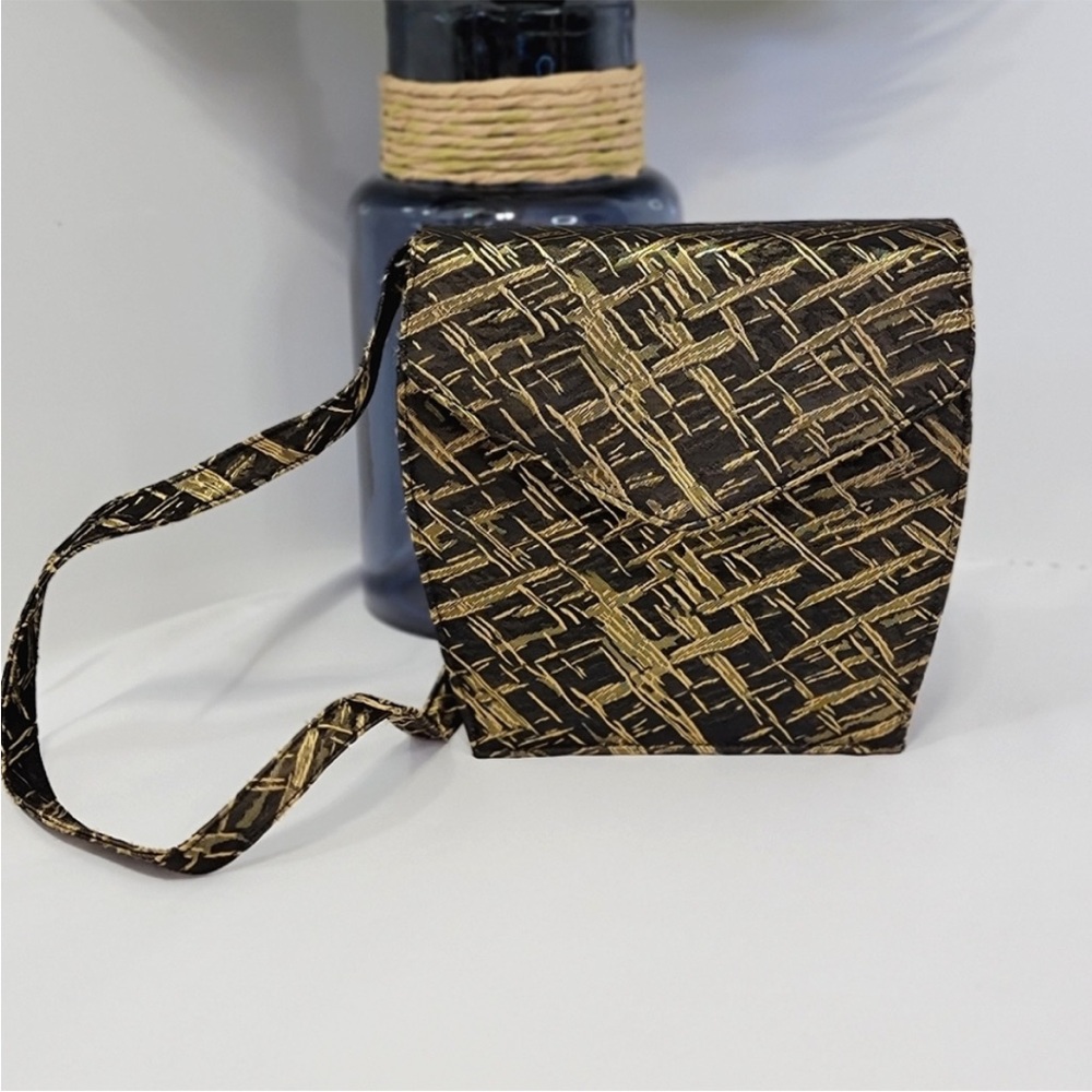 Vintage Monique black gold abstract woven print metallic angled crossbody purse